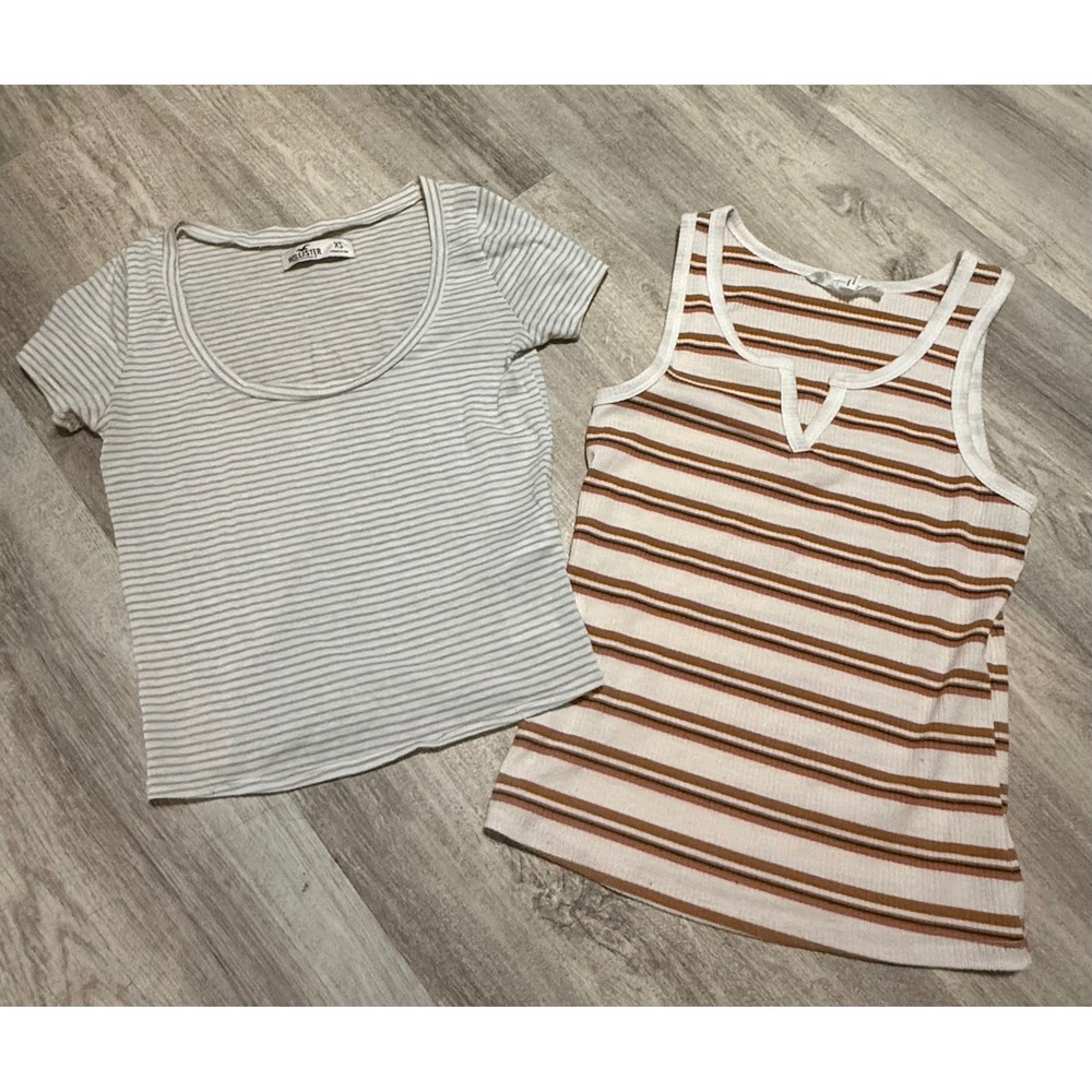 Hollister & Hippie Rose Striped Tops Bundle XS Grey White Brown Notch Neck Tank